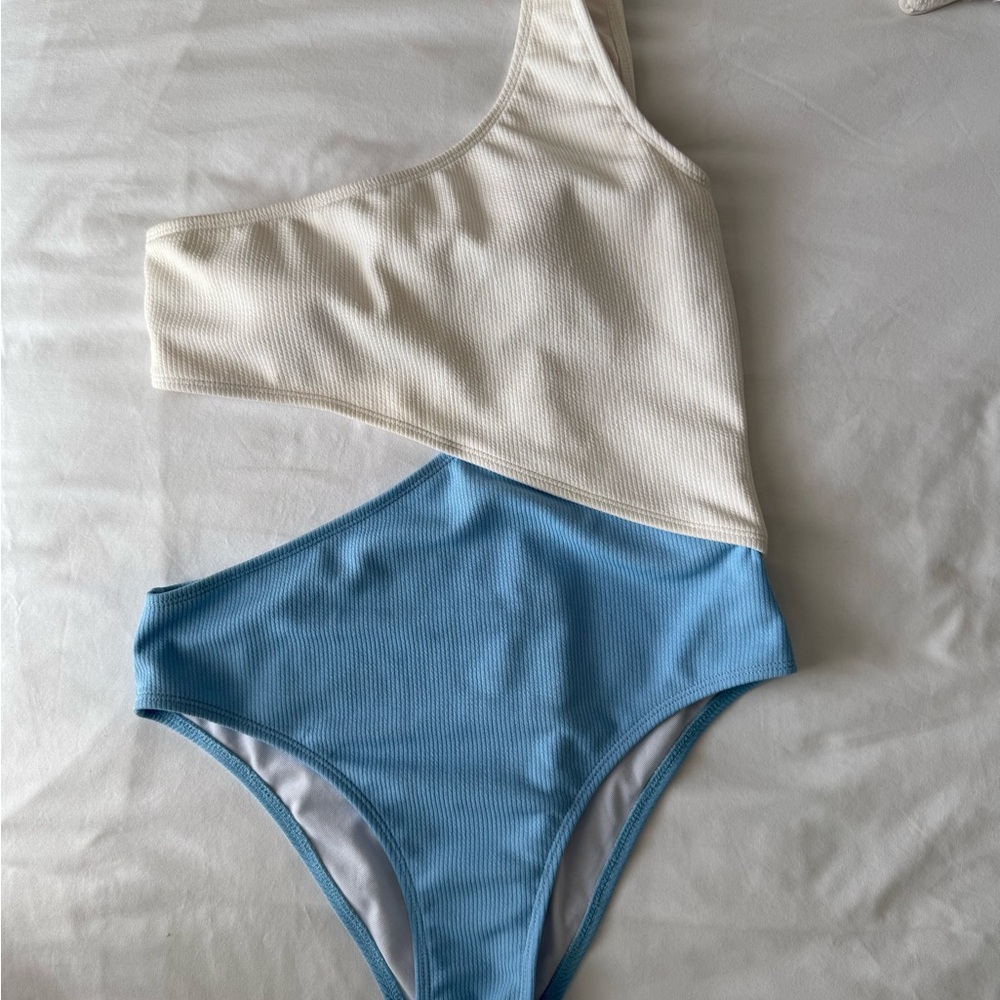 Zaful Women’s One Shoulder One-Piece Swimsuit in French Blue and White